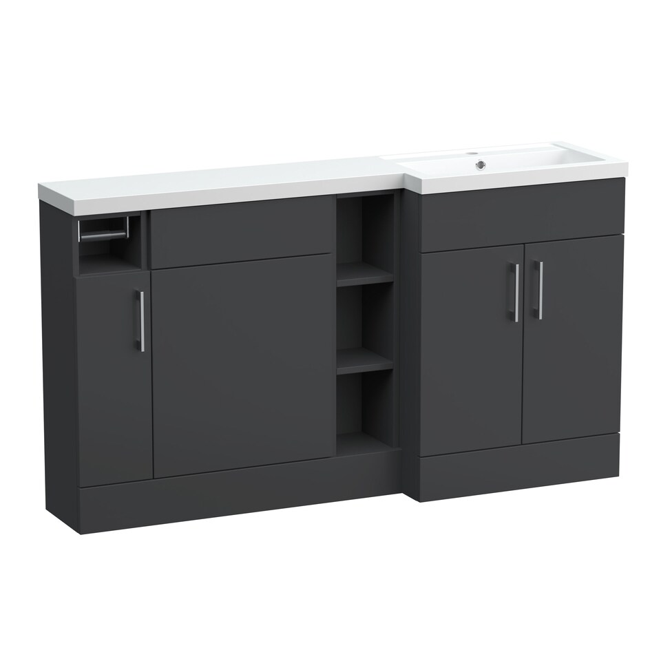 image 1 of Balterley Wichnor Floor Standing 3 Door, Open Shelf Vanity Basin WC Unit with Toilet Roll Holder and Polymarble Basin, 1500mm, Left Hand, Dark Grey