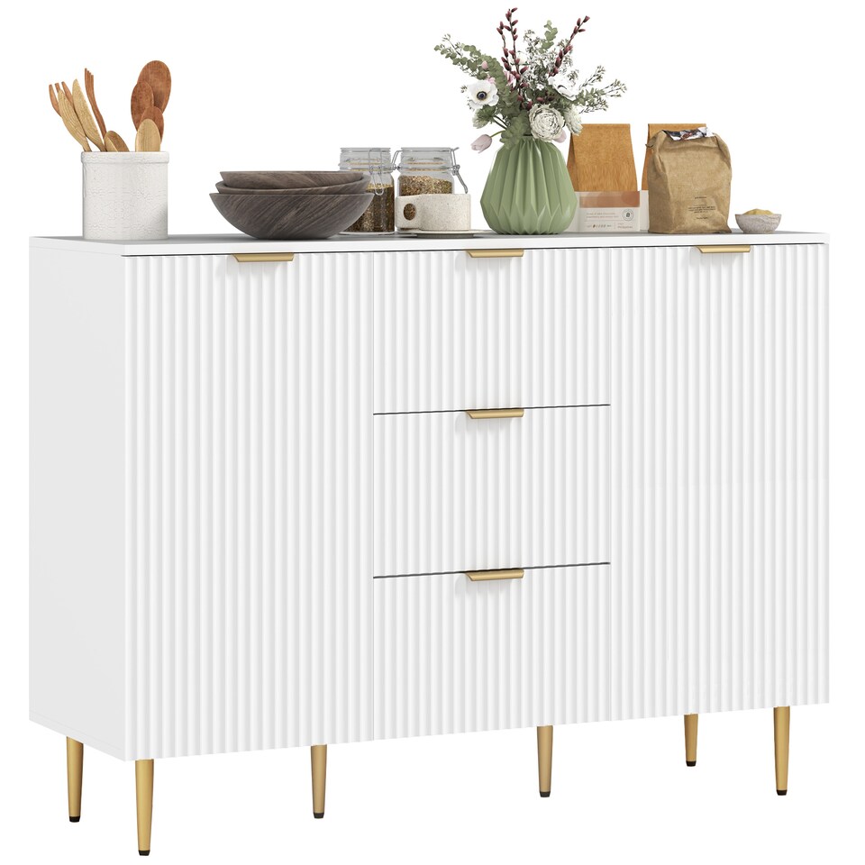 image 1 of HOMCOM Sideboard, 2-Door Kitchen Storage Cabinet with 3 Drawers and Adjustable Shelves, Buffet Cabinet with Metal Legs for Dining Room, White | White | White