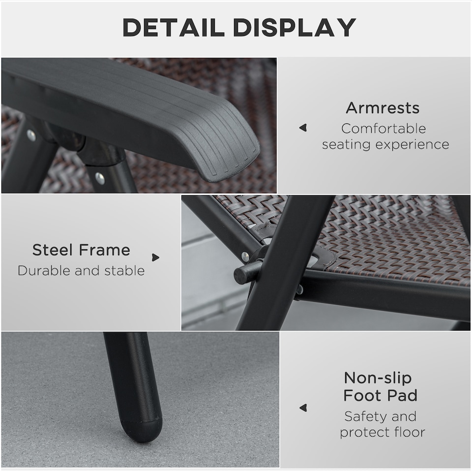 image 1 of Outsunny Set of 2 Outdoor Wicker Folding Chairs, Patio PE Rattan Dining Armrests Chair set with 7 Levels Adjustable Backrest, for Outdoors, Camping, Brown