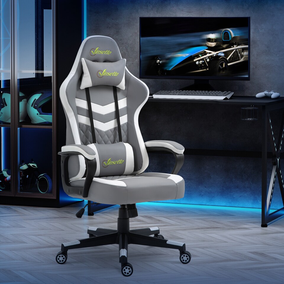 image 1 of Vinsetto Gaming Chair, Computer Desk Chair with Lumbar Support, Faux Leather Racing Chair with Headrest and Swivel Wheels for Home Office, Grey White