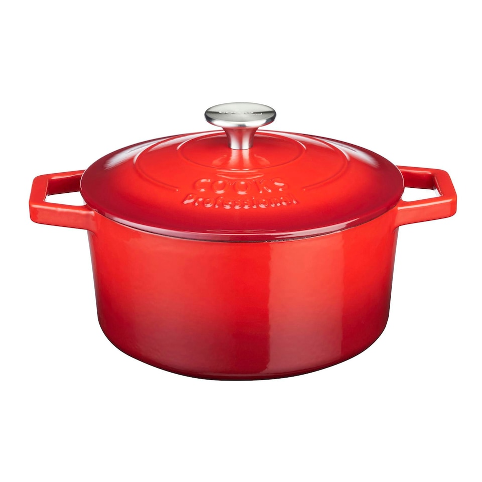 image 1 of Cooks Professional Cast Iron Casserole 20cm | 2.8L Capacity | Enamelled Inside & Out | Graduated Red