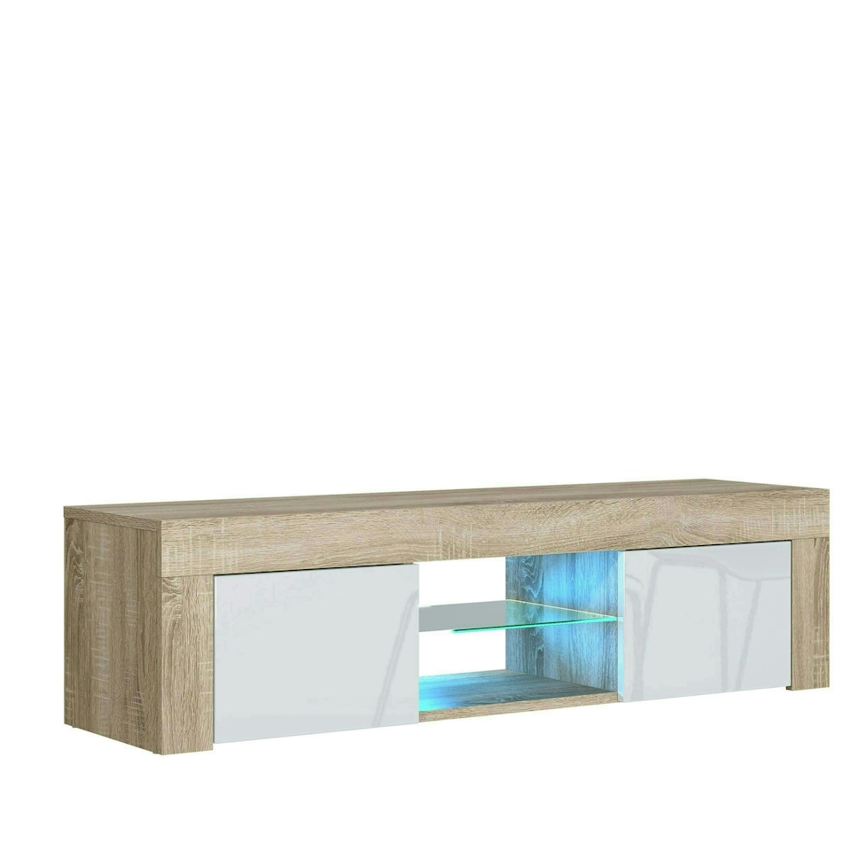 image 1 of TV Unit 130cm White Gloss Doors Oak Matt Body Modern Cabinet | Multi | Oak | One Size | 1