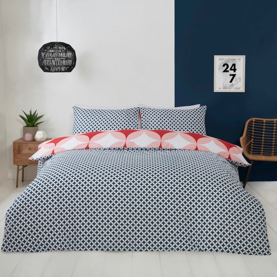 image 1 of Geo Polycotton Reversible Duvet Cover Set with Pillowcase Blue | King