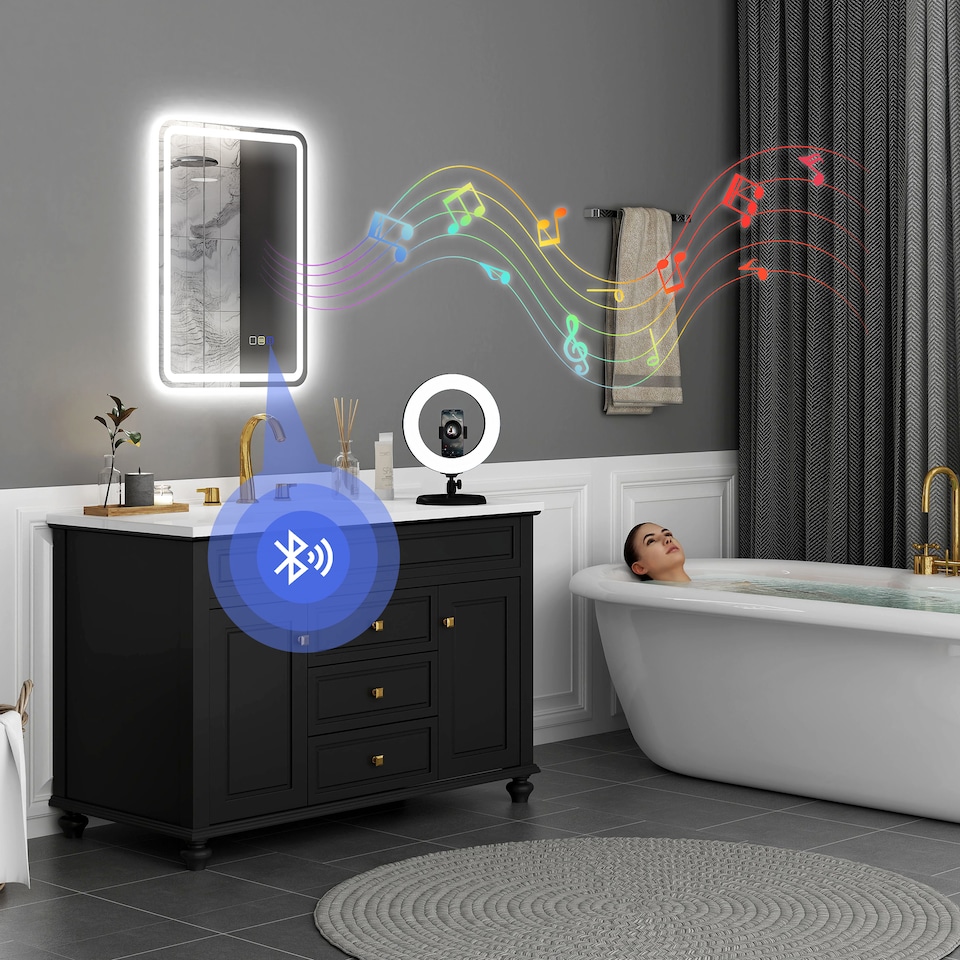 image 1 of HOMCOM 500 x 700 mm Bluetooth Bathroom Mirror with LED Lights, Illuminated Backlit Wall Mounted Vanity Mirror with 3 Colours Dimmable, Anti-Fog, Memory & Touch Switch, IP44