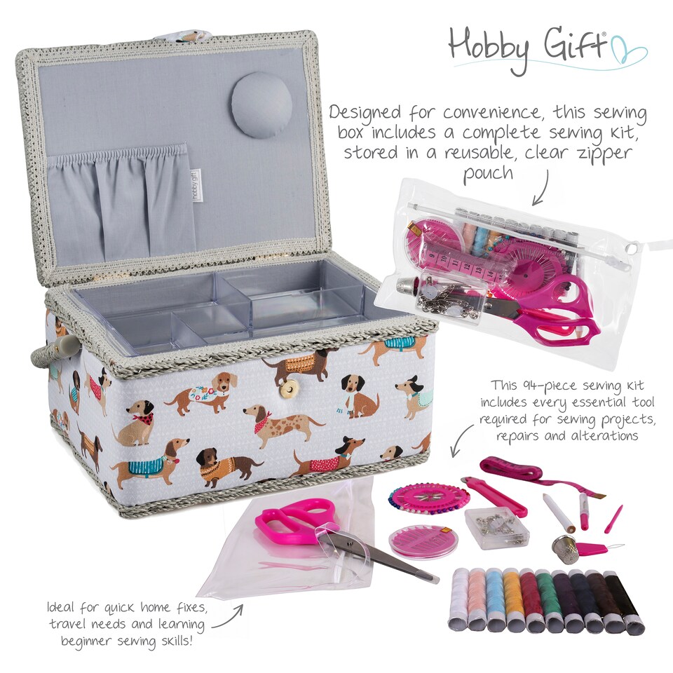 image 1 of Hobby Gift Medium Sewing Storage Box with Sewing Kit, Sausage Dog