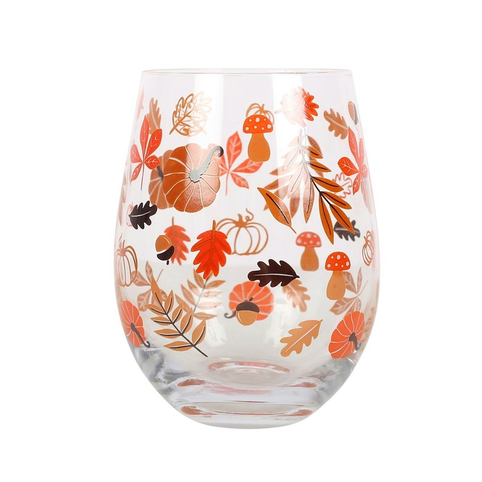 image 1 of Something Different Autumn Leaves And Pumpkins Stemless Wine Glass - Orange/Red - One Size