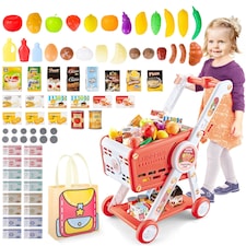 Kids Shopping Cart Trolley Play Set – Adjustable Height, Pretend Food, Play Money & Shopping Bag – Supermarket Toy for Boys & Girls Ages 3+