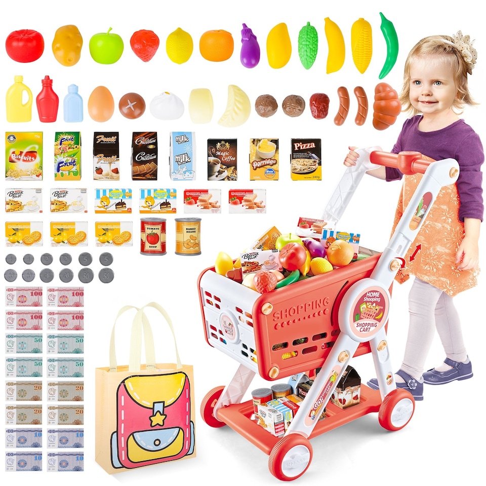 image 1 of Kids Shopping Cart Trolley Play Set – Adjustable Height, Pretend Food, Play Money & Shopping Bag – Supermarket Toy for Boys & Girls Ages 3+