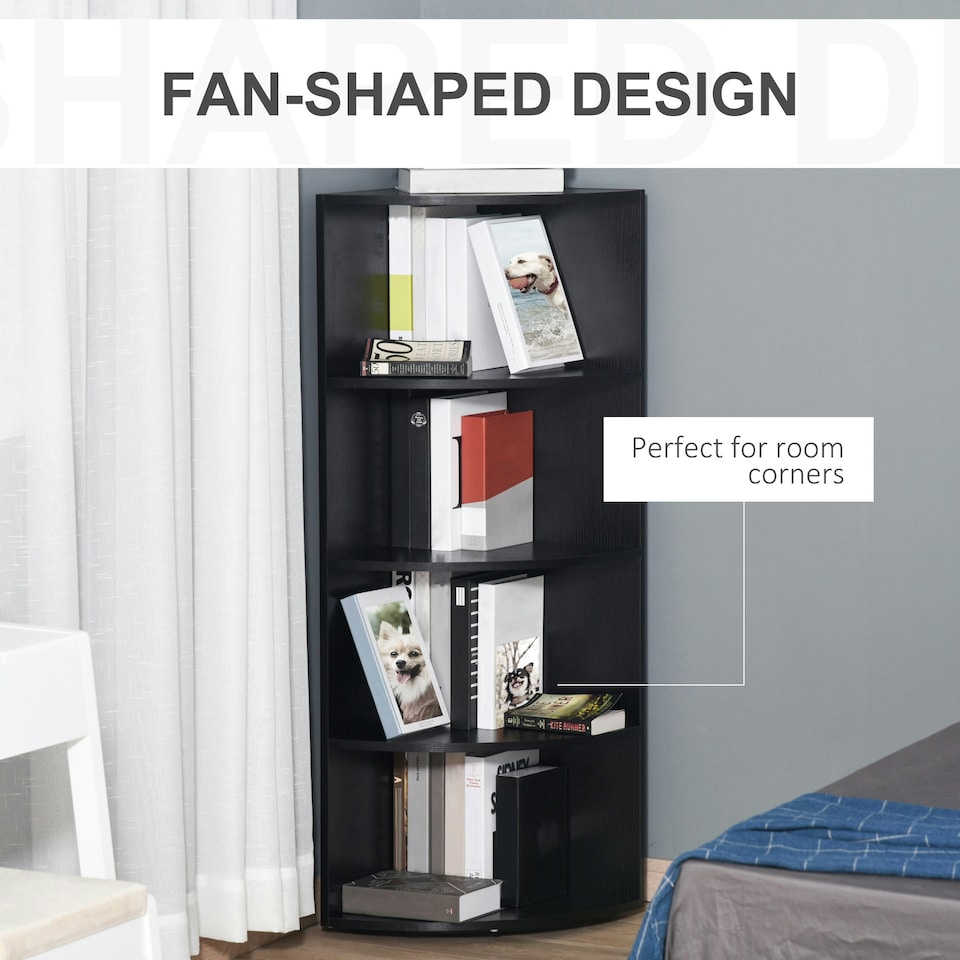 image 1 of HOMCOM 4 Tier Wood Corner Shelf Unit Freestanding Fan Bookshelf Plants Stand