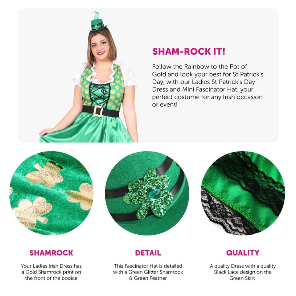image 1 of Irish Shamrock Dress & Mini Hat Fascinator Green | M