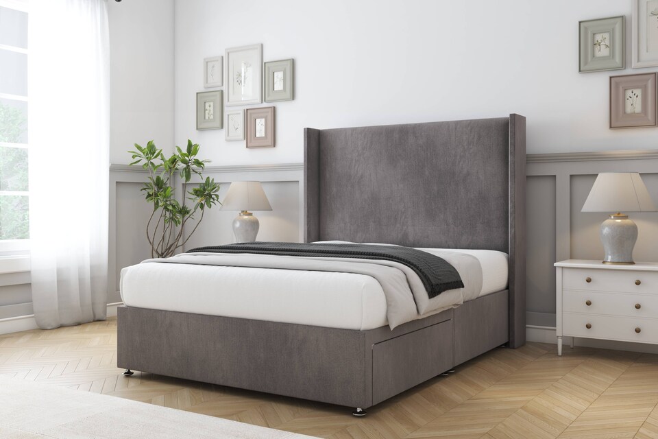image 1 of Sloomy Devonshire Slate Naples Divan Bed With Mattress No Drawers With 54" Wingback Headboard 2'6 Small Single | Grey | Slate | Small Single | 1