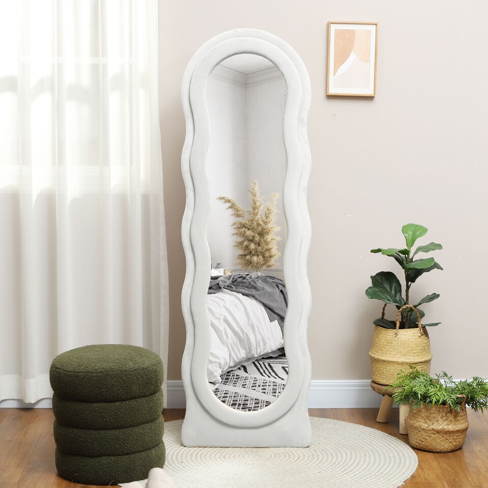 image 1 of HOMCOM Irregular Wavy Mirror Full Length, 160 x 50cm Free Standing, Leaning or Wall Mirror with Velvet Wrapped Frame and Arched Top for Living Room, Bedroom, White