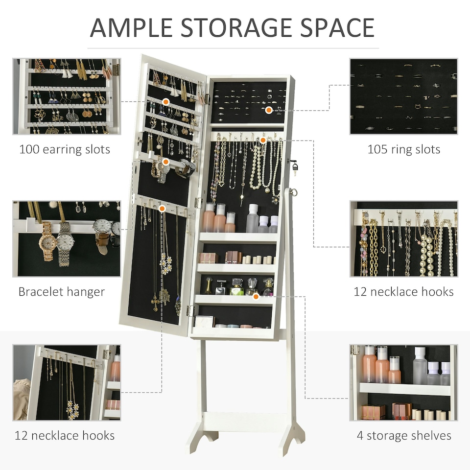 image 1 of HOMCOM Mirrored Jewellery Cabinet Lockable Jewellery Organiser for Bedroom White