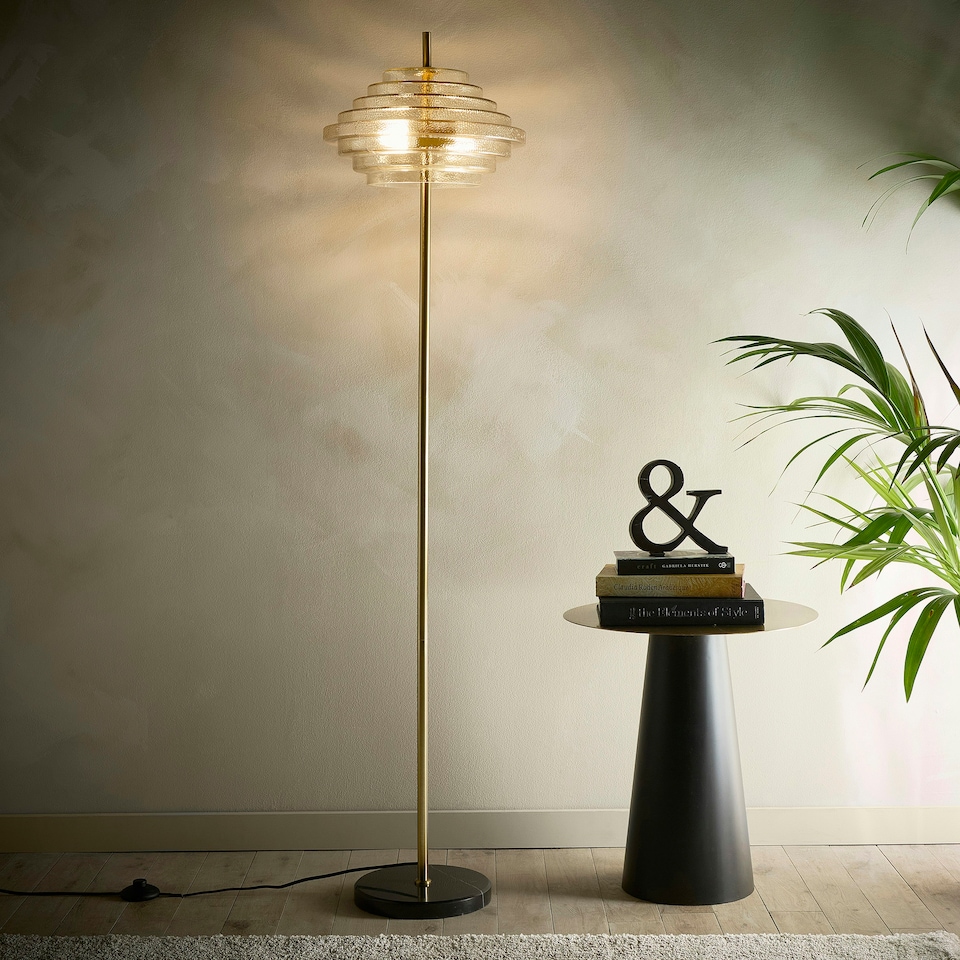 image 1 of Aspen 2lt Brass and Tiered Amber Glass Floor Lamp Gold