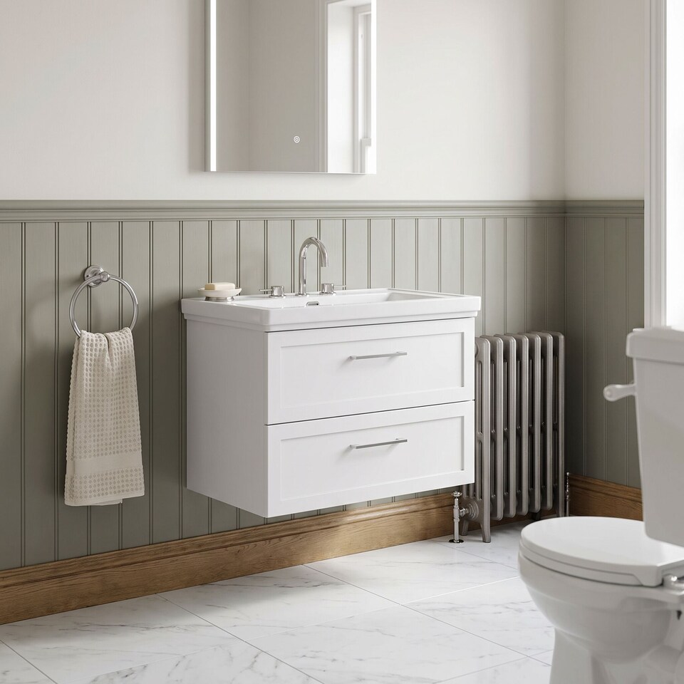 image 1 of Balterley Stonnall Traditional Wall Hung 2 Drawers Vanity Unit with Traditional 3 Tap Hole Fireclay Basin, 800mm, Matt White