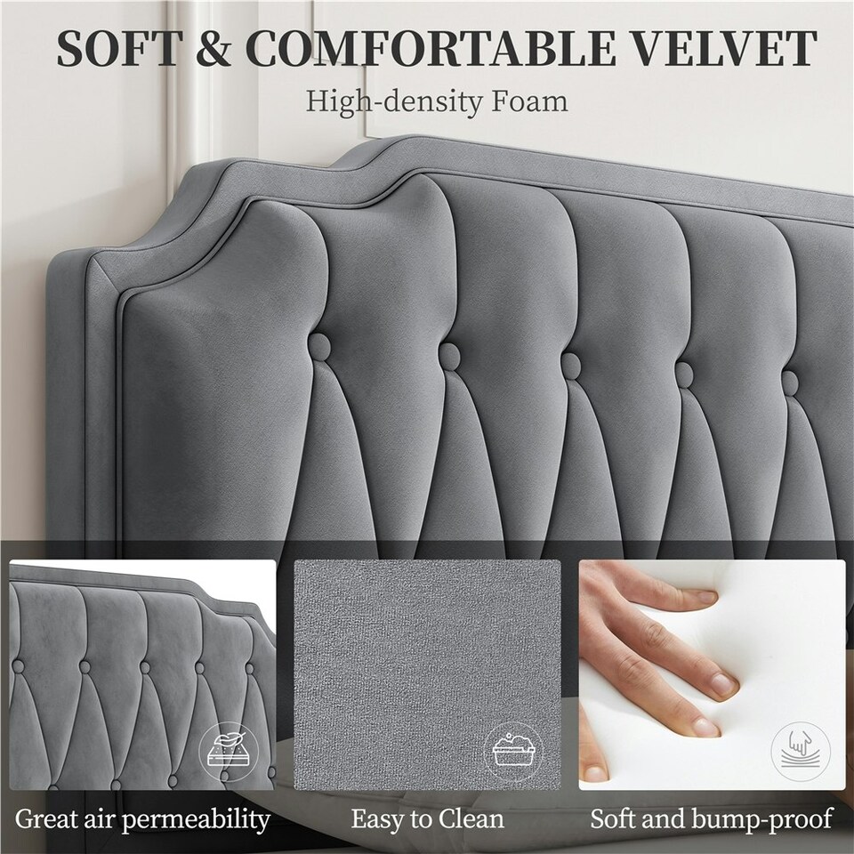 image 1 of Yaheetech 5ft King Upholstered Bed Frame with Button-Tufted Headboard Light Grey
