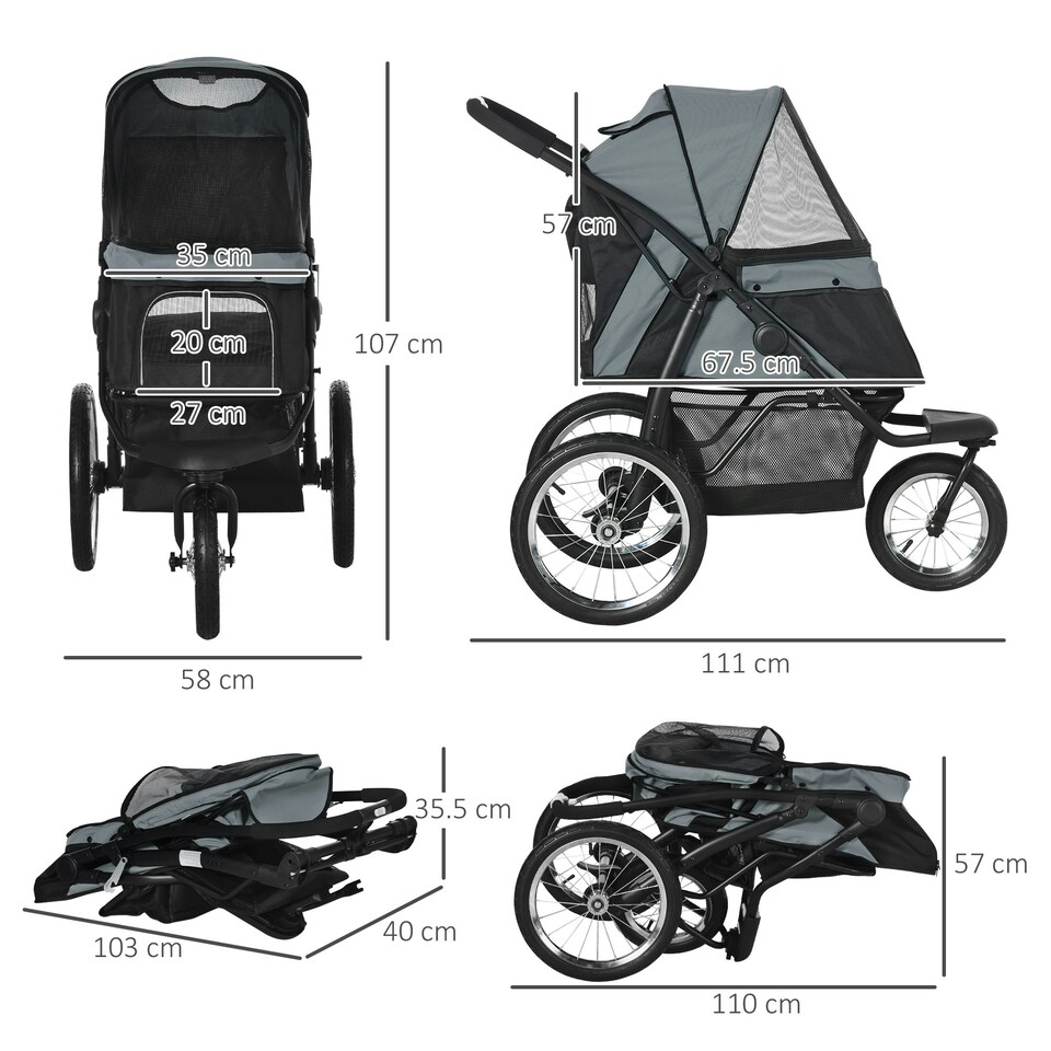 image 1 of PawHut 3 Wheel Pet Stroller, for Medium Small Dogs, Foldable Cat Pram - Grey