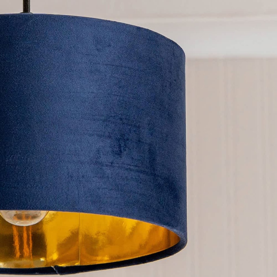 image 1 of ValueLights Reni Small Navy Velvet Gold Inner Lamp Shade & Bulb | Blue
