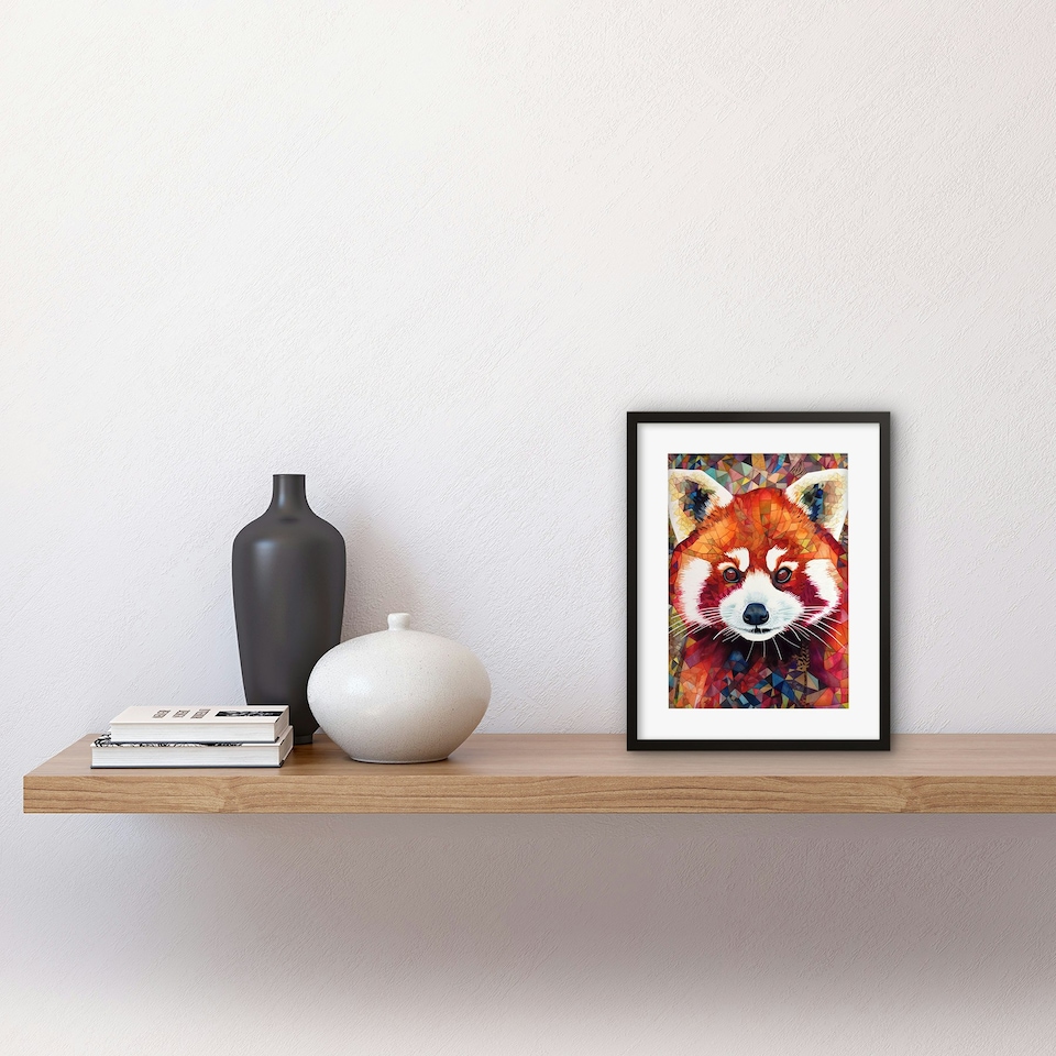 image 1 of Red Panda Portrait Mosaic Folk Art 9x7" Black Framed Wall Art Print