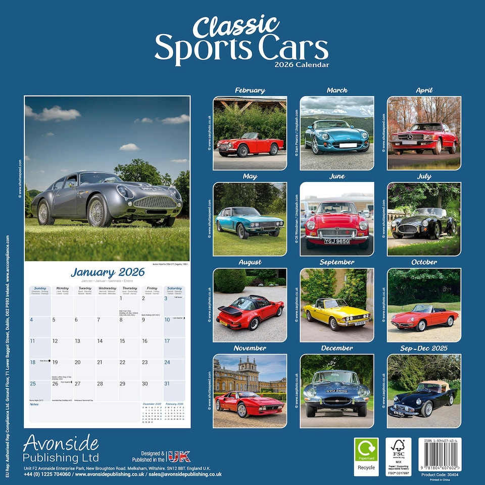 image 1 of Classic Sports Cars 2026 Calendar | Square Wall Calendar | Car Enthusiast Gift | Plastic Free Packaging | by Avonside Publishing