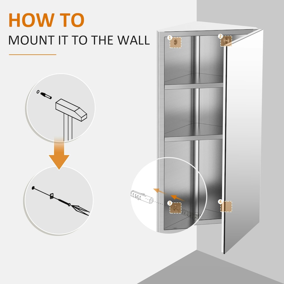 image 1 of HOMCOM Bathroom Corner Wall Mirror Storage Cabinet Cupboard Stainless Steel