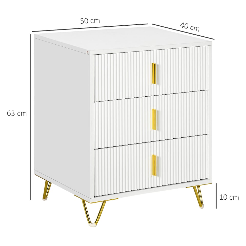 image 1 of HOMCOM Modern 3 Drawer Dresser, Fluted Bedroom Dresser Chest of Drawers with Metal Legs and Steel Handles for Bedroom, White