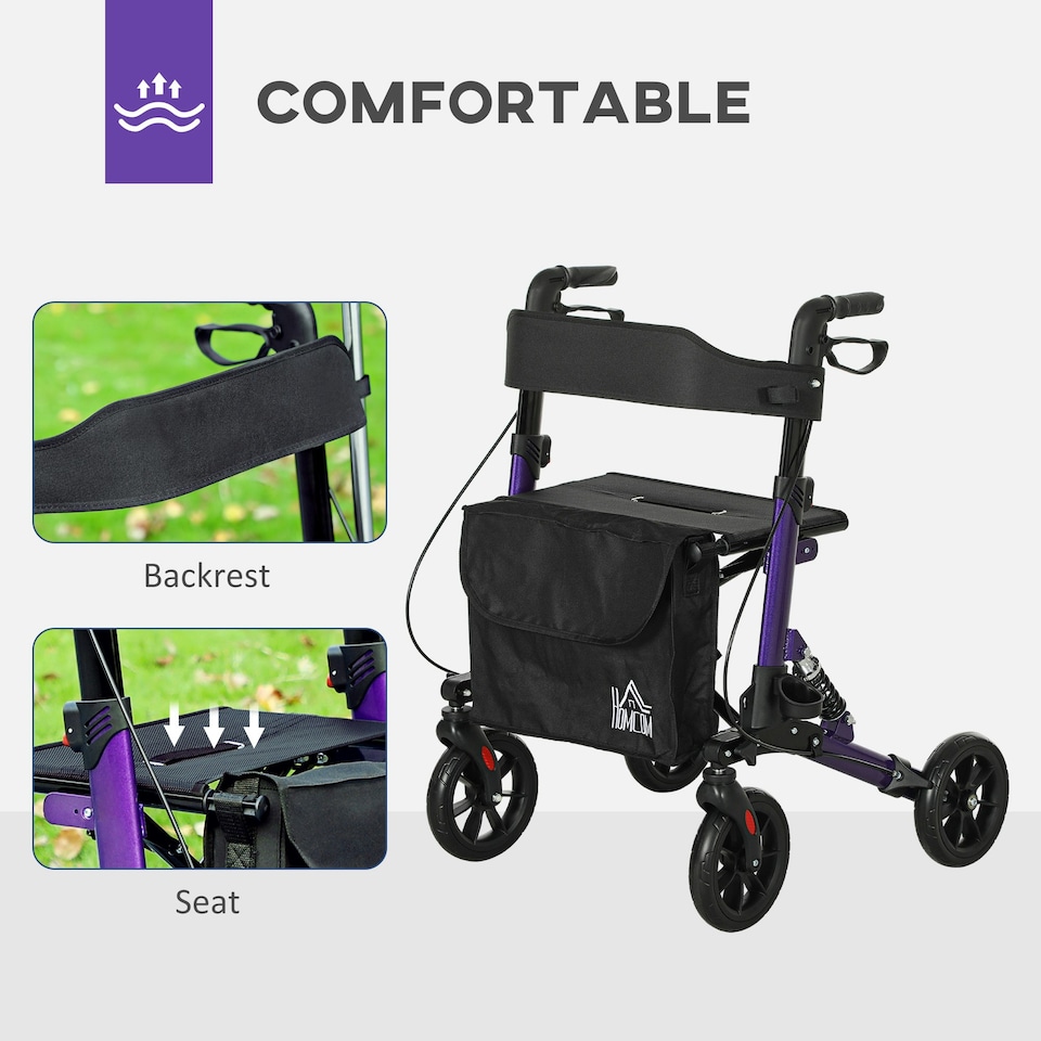 image 1 of HOMCOM Folding Rollator Walker with Seat, Backrest, Bag, 4 Wheels, Purple