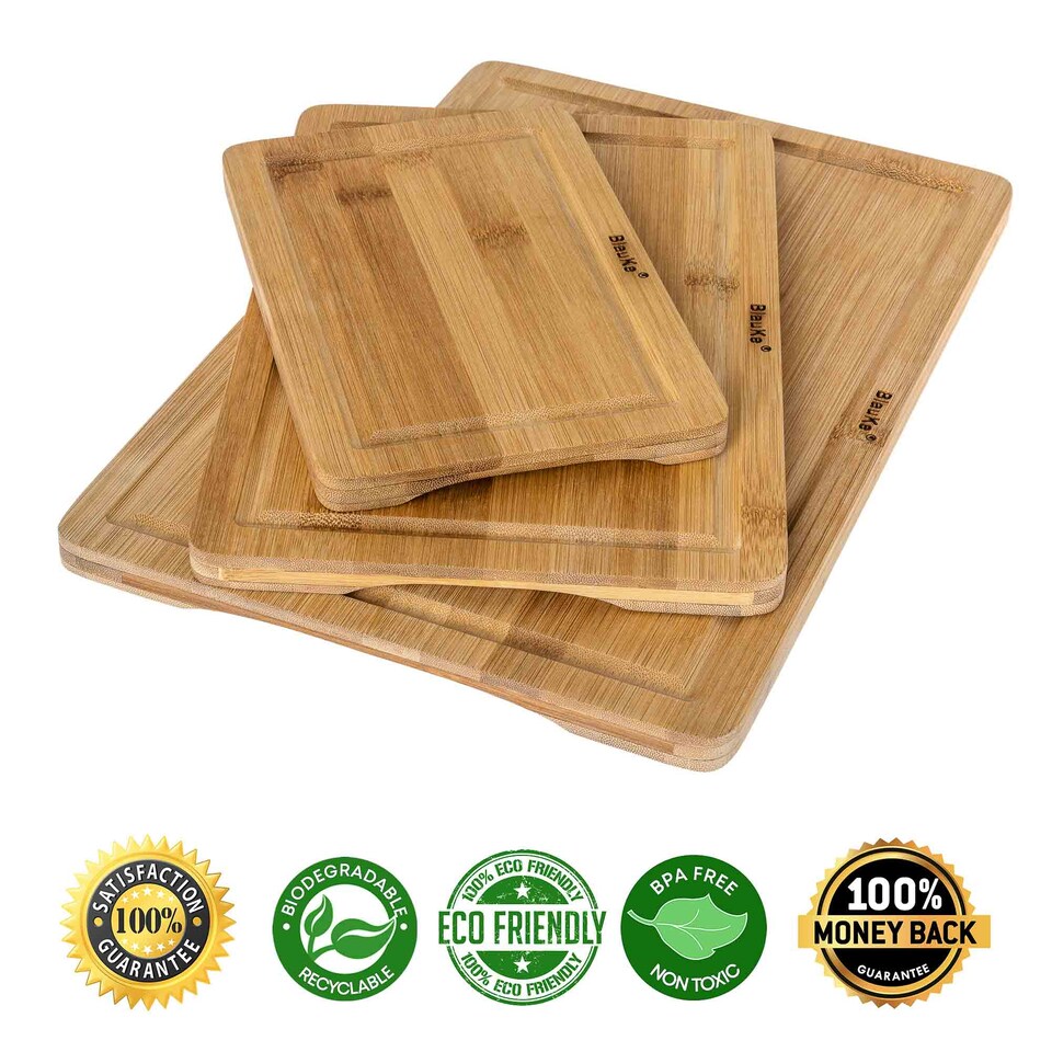 image 1 of BlauKe Wood Cutting Boards for Kitchen - Bamboo Cutting Board Set with Juice Groove and Handles - Wooden Chopping Board