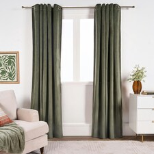 OHS Soft Velvet Plain Dyed Thermal Insulated Panel Pair Eyelet Curtains, 66x90" Green | Woodland Green