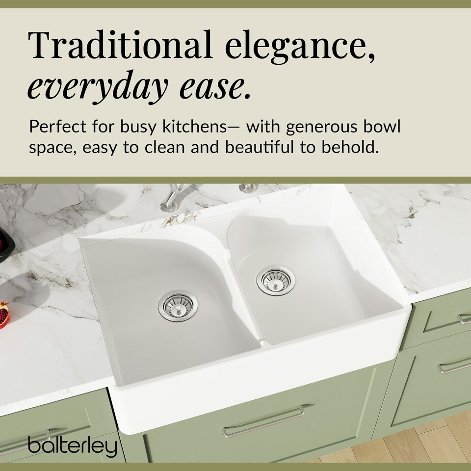 image 1 of Fireclay Kitchen Bundle - Double Bowl Stepped Weir Butler Sink, Wastes & Bridge Lever Tap, 795mm - Chrome - Balterley
