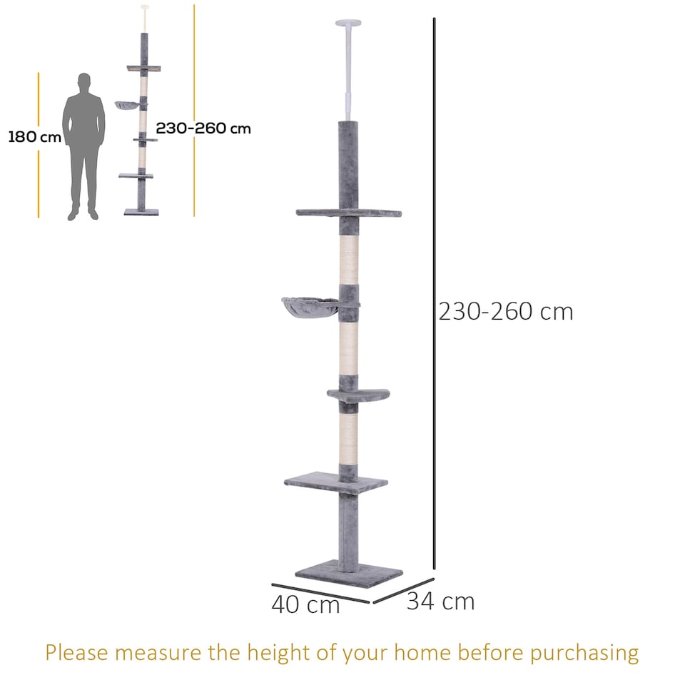 image 1 of PawHut Floor to Ceiling Cat Tree 5-Tier Climbing Tower Scratching Post