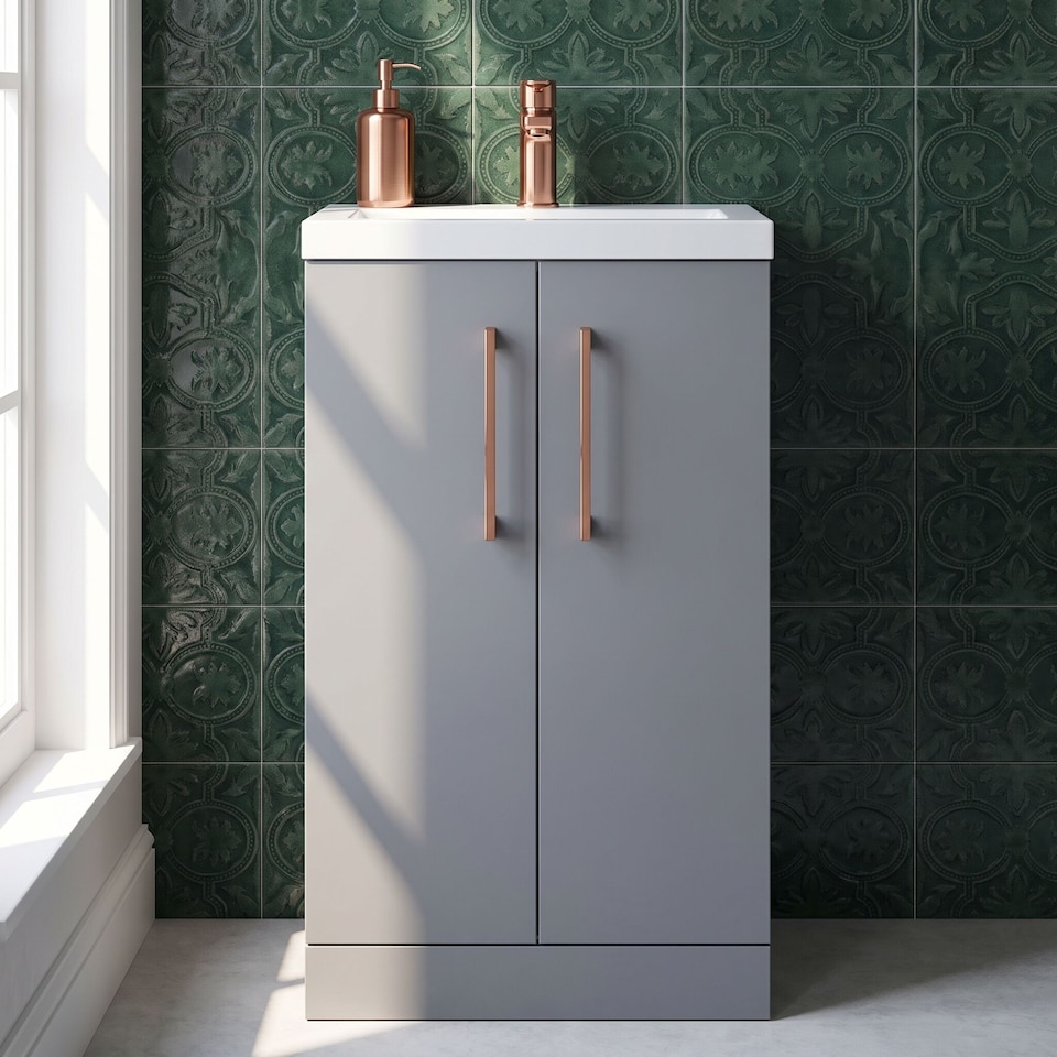 image 1 of Balterley Level Compact Bathroom Cloakroom Vanity Basin Unit with Polymarble Basin, Handles | Grey | Satin Grey | 840 x 505 x 360mm