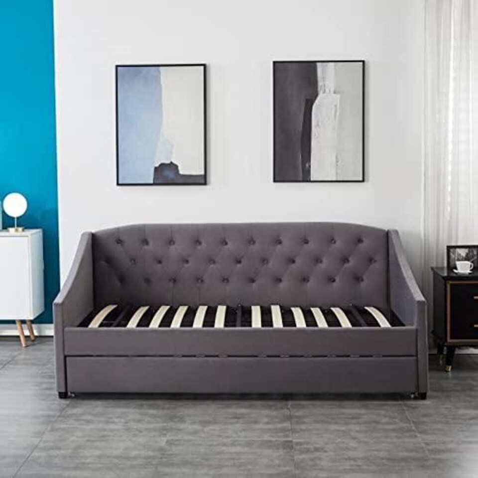 image 1 of Daybed with Trundle Grey 3ft with 2 Mattresses Twin Velvet Tufted Wooden with 2 Mattresses Bedroom Living Room