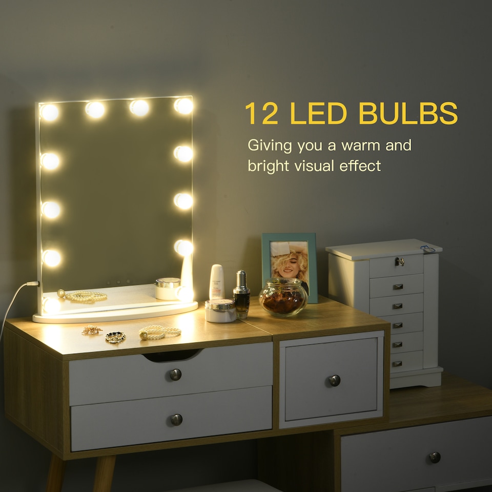 image 1 of HOMCOM Hollywood Mirror with Lights for Makeup Dressing Table, Lighted Vanity Mirror with 12 Dimmable LED Bulbs and USB Plug in Power Supply, White