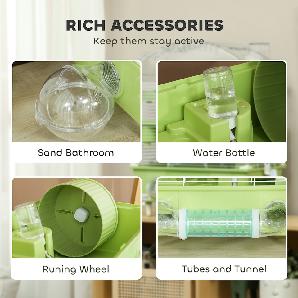 image 1 of PawHut 3-Tier Hamster Cage, Hamster Habitat with Accessories, Green