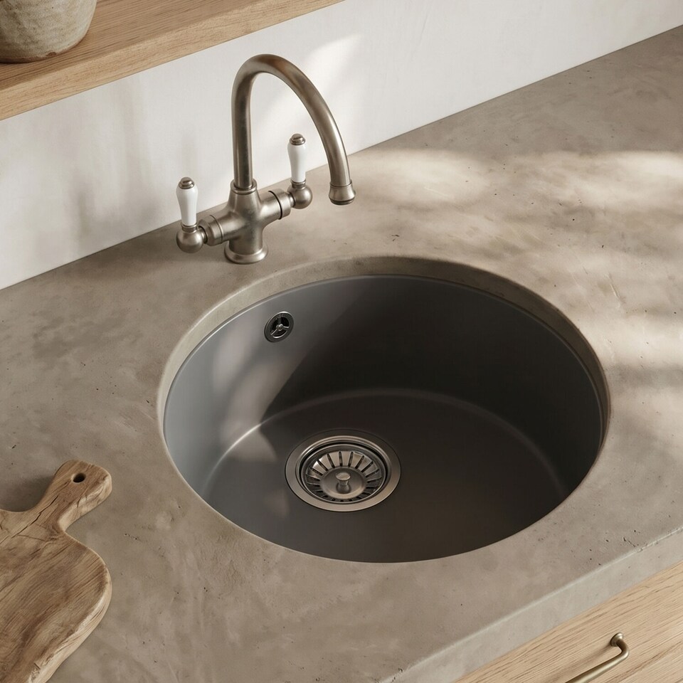 image 1 of Balterley Fireclay Single Bowl Round Undermount Kitchen Sink, Central Waste Position & Overflow | Grey | Soft Black | 1