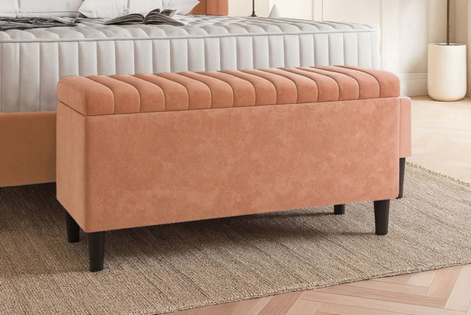 image 1 of 120cm Lined Upholstered Ottoman Storage box - Mink Plush Velvet Blanket Storage Box with Wooden Legs