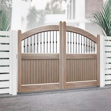 Double Swing Gate 4250x2000mm Wood - Vertical Solid Infill, Bell-Curved Top | Brown | 1