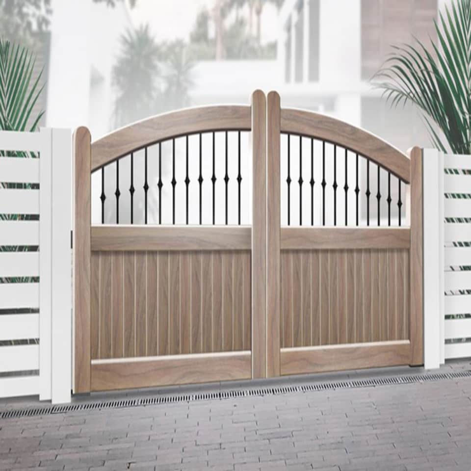 image 1 of Double Swing Gate 4250x2000mm Wood - Vertical Solid Infill, Bell-Curved Top | Brown | 1