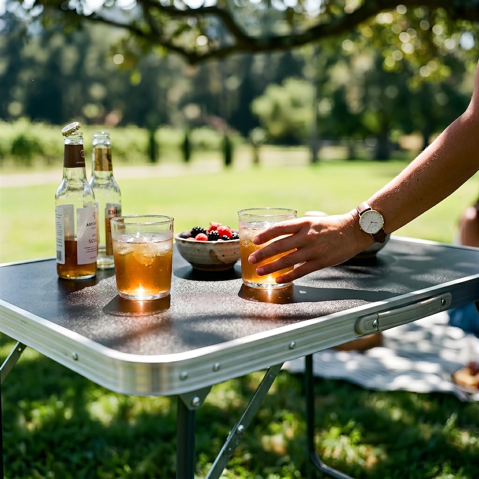 image 1 of Harbour Housewares Folding Table - Small Compact Metal Trestle Tables Foldable Portable Outdoor Camping Side Table 80cm x 60cm