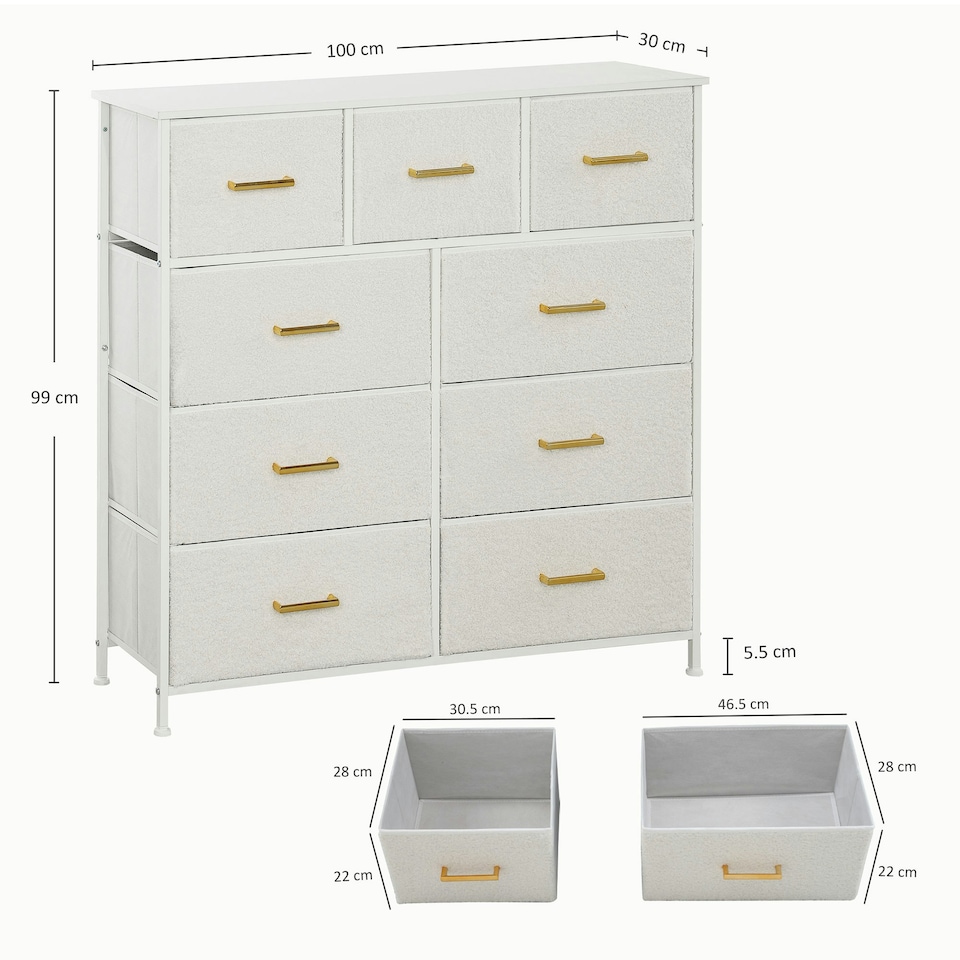 image 1 of HOMCOM Chest of Drawers with 9 Drawers, Boucle Storage Organiser, Cream