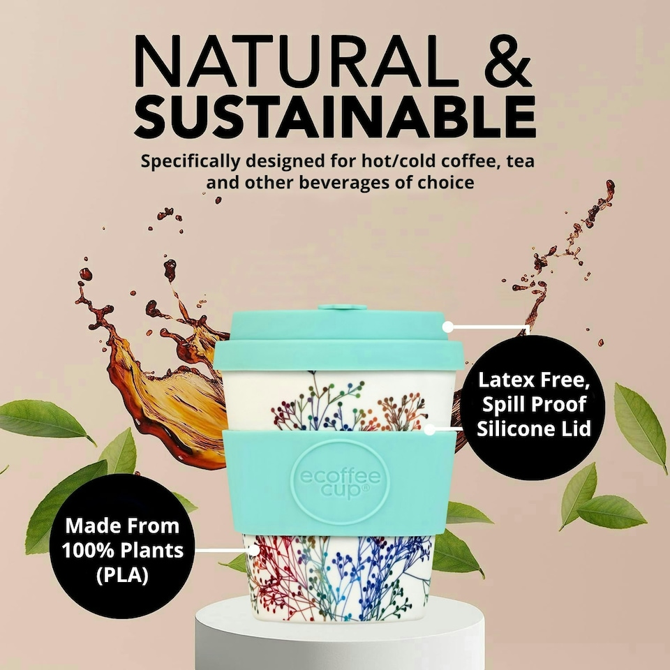 image 1 of Ecoffee Cup 8oz 240ml Reusable Eco-Friendly 100% Plant Based Coffee Cup with Silicone Lid & Sleeve - Melamine Free Travel Mug N/A | Little Canning
