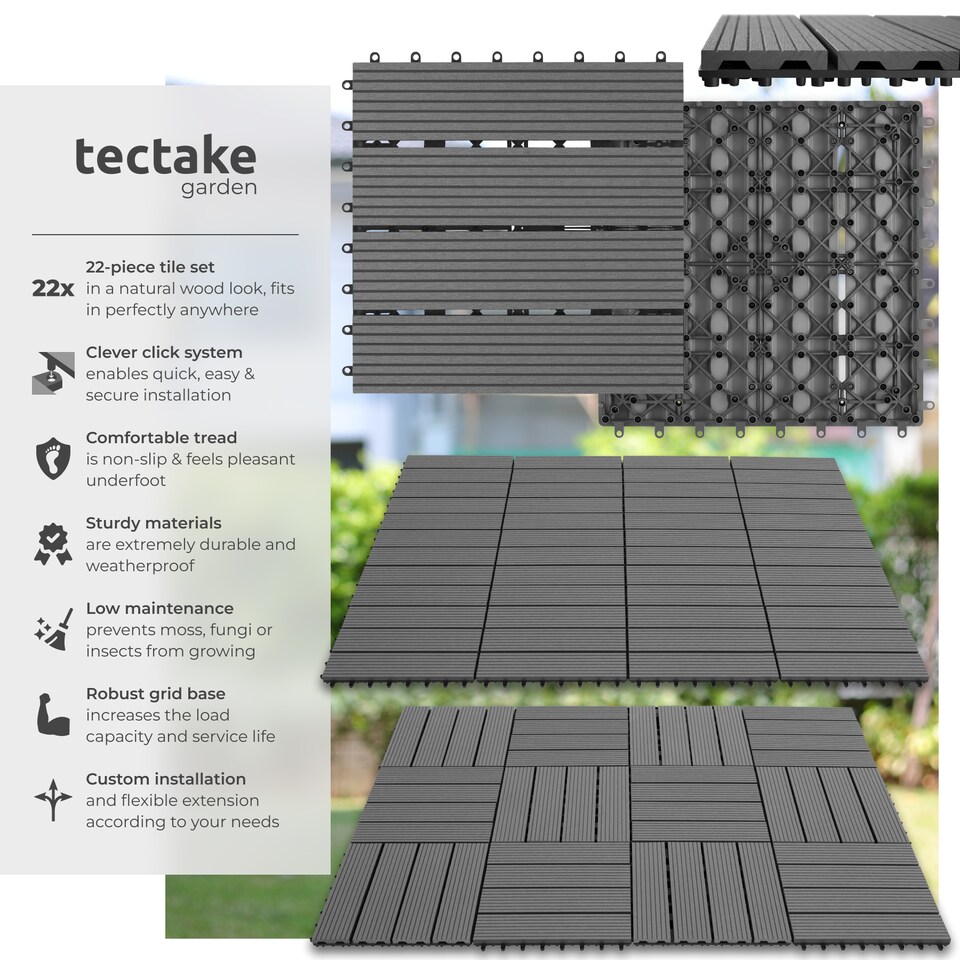 image 1 of Composite Decking Tegulas - click system, wood look, outdoor safe | Grey | grey | 31 x 31 x 2,20 cm | 22