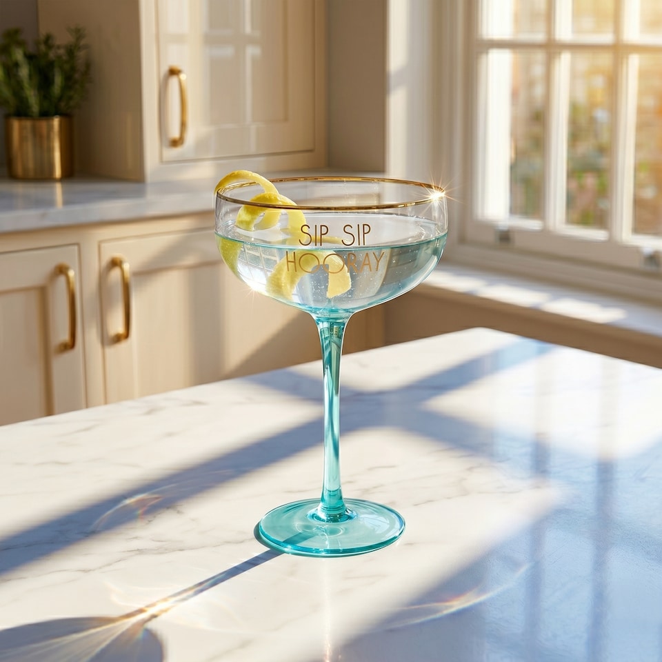 image 1 of Lesser & Pavey Novelty Blue Coupe Cocktail Glass - Sip Sip Hooray