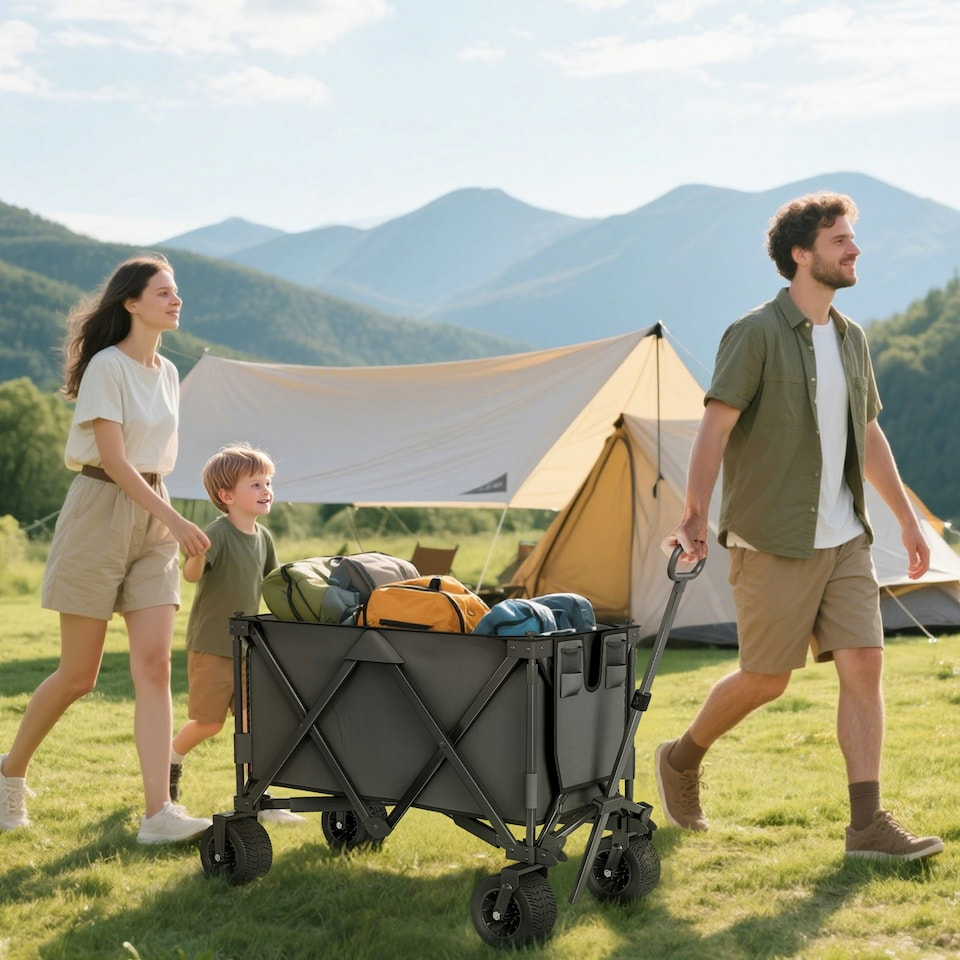 image 1 of Outsunny Folding Wagon Garten Cart Collapsible Camping Trolley on Wheels, Grey