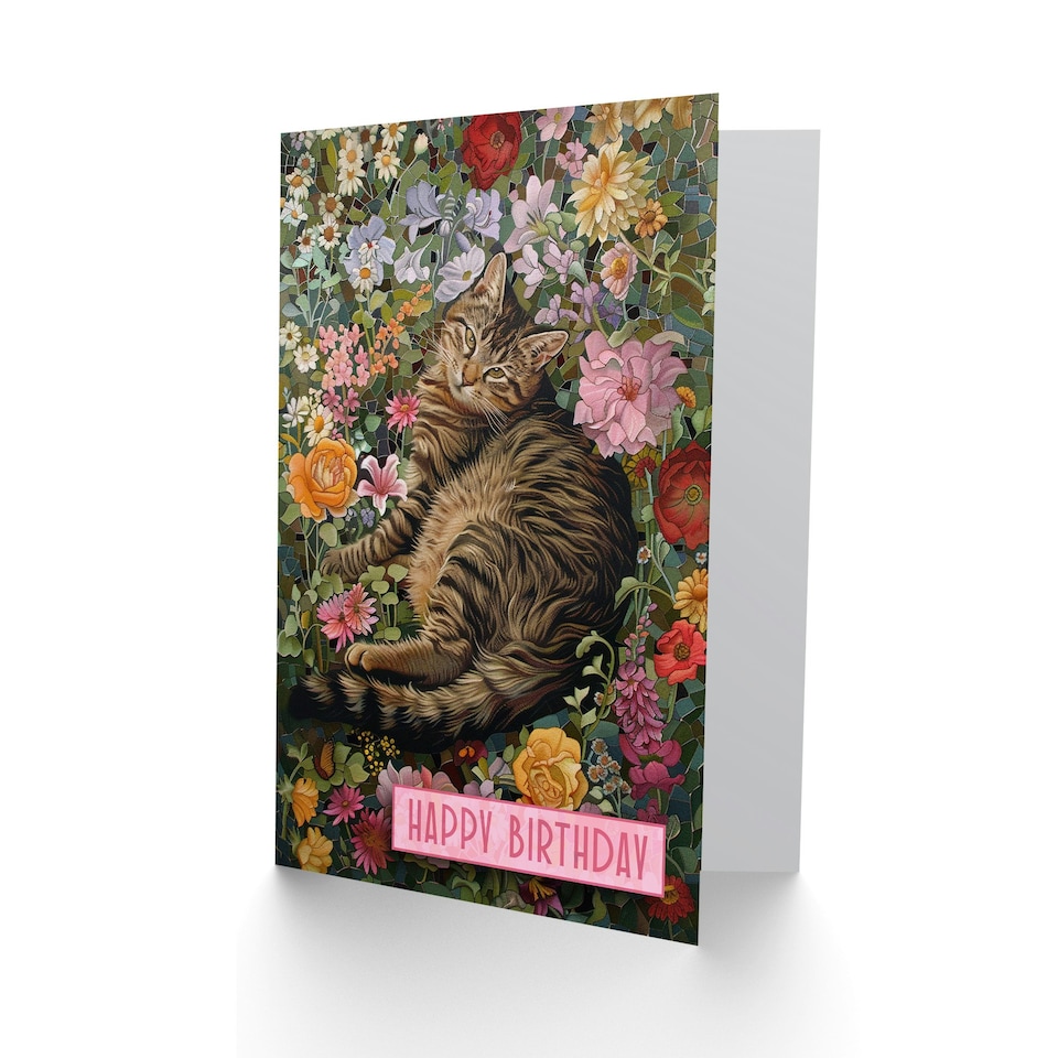 image 1 of Cat Lover Grey Tabby Laying Flower Meadow Woman Her Birthday Card