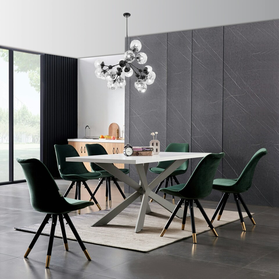 image 1 of Set of 2 Sofia Ergonomic Modern Dining Chairs Upholstered in Velvet, Metal Legs with Gold End Tips Green