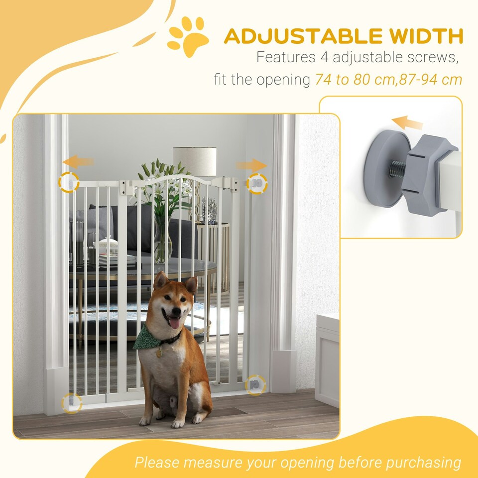 image 1 of PawHut 74-94cm Adjustable Metal Pet Gate Safety Barrier w/ Auto-Close Door White