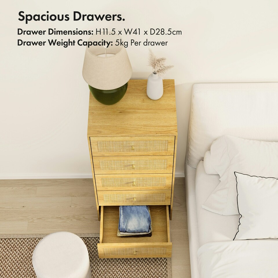 image 1 of VonHaus Rattan Tall Chest of Drawers with 5 Drawers Brown