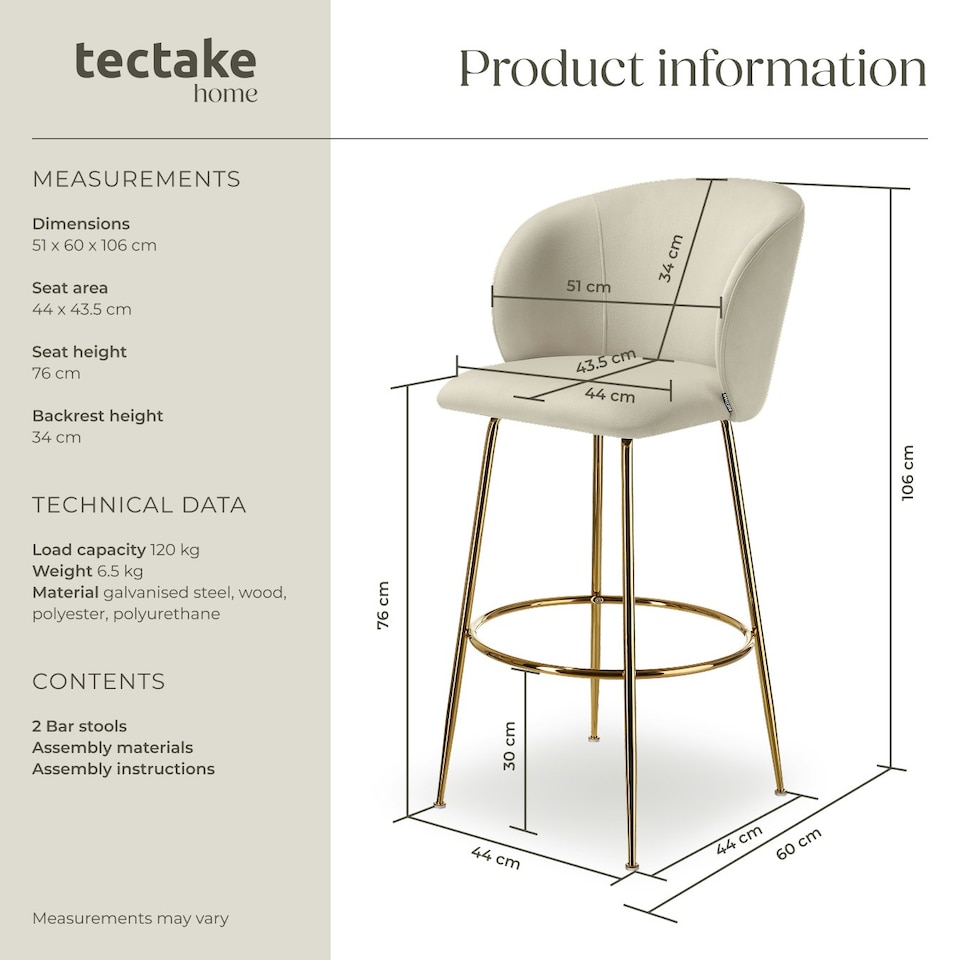 image 1 of Bar Stool Luana - with backrest, velvet look and padded - Set of 2 Cream | Gold
